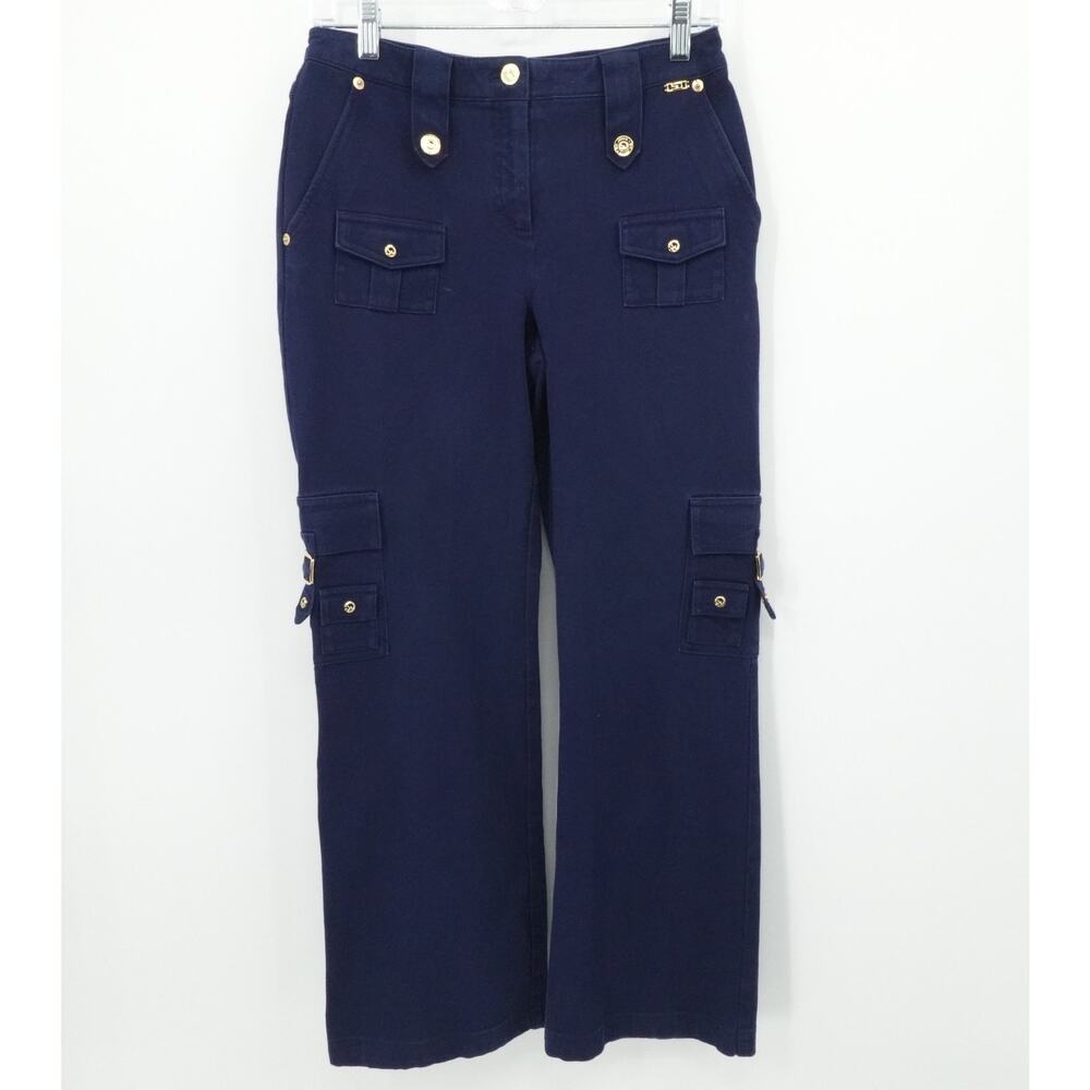 St John Sport Pants Womens 2 Navy Blue Cargo Utility Gold Button Pockets Stretch